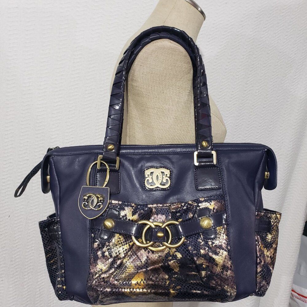 Original By Charif 1827 Navy Blue Leather Shoulder Bag w/ Key Chain & Wristlet
